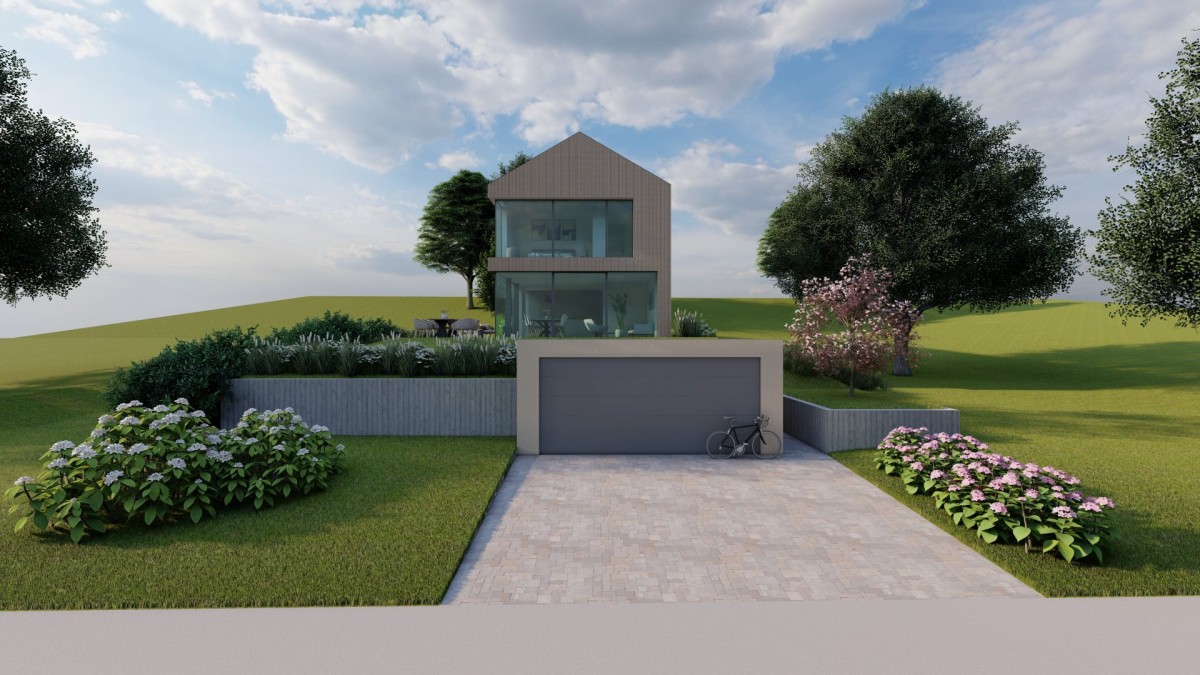 Außenansicht des Einfamilienhauses mit Garten und Grundstück