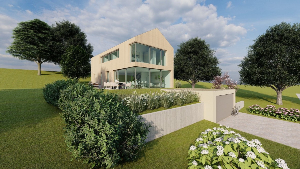 Einfamilienhaus in St. Georgen im Schwarzwald, Außenansicht mit Terrasse und Aussichtslage
